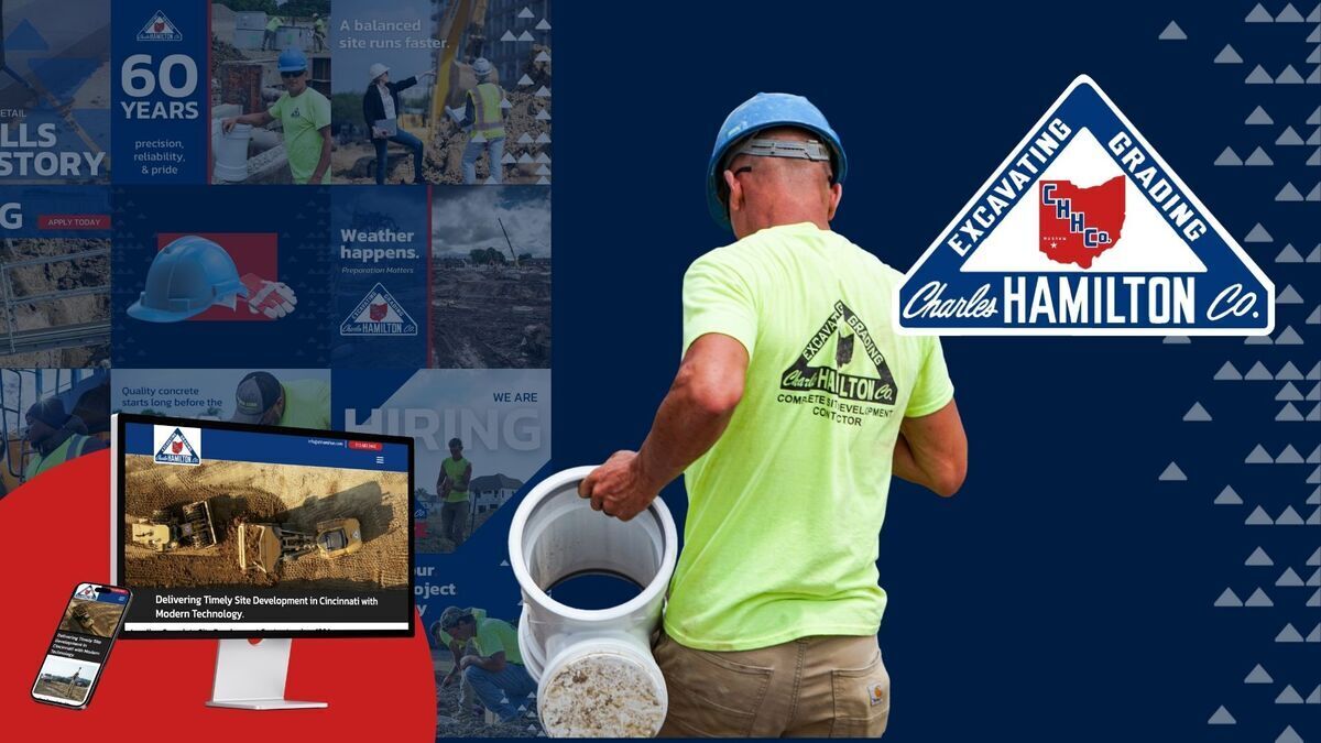 Charles Hamilton logo and website with construction worker carrying pipe